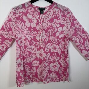Lauren Ralph Lauren Shirt Blouse 3/4 Sleeve Floral Print L Pink Tropical Cotton